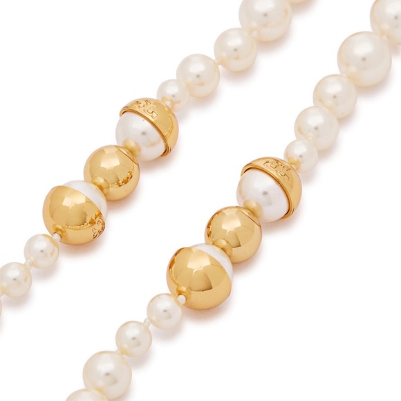 TORY BURCH • Capped Crystal Pearl Long Necklace - Picture 14 of 15
